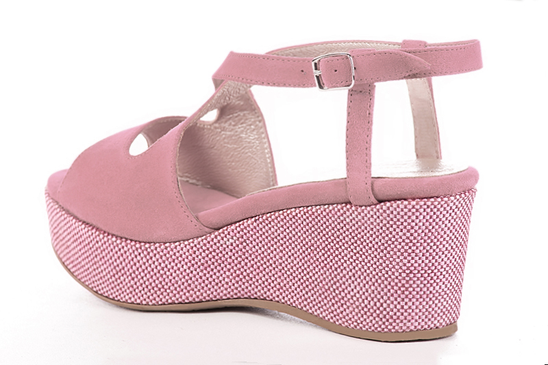 Carnation pink women's open back sandals, with crossed straps. Round toe. Medium wedge soles. Rear view - Florence KOOIJMAN